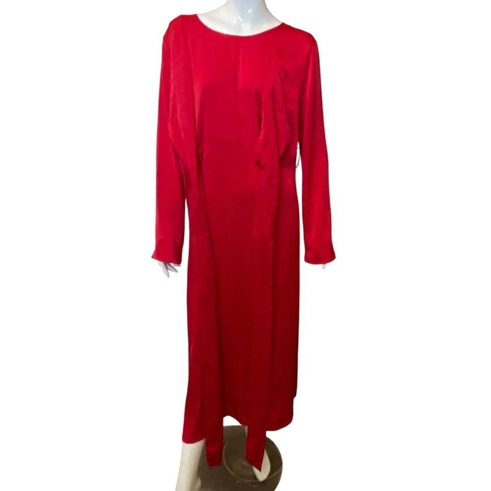 HM Mama Red Satin Long Sleeve Tie Front Maternity Midi Dress Size L